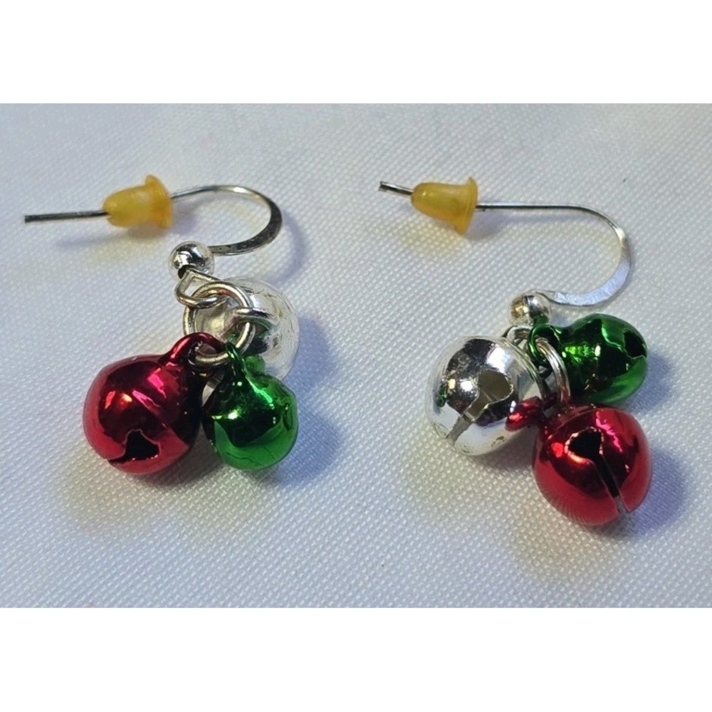 Christmas Dangle Earrings Cluster of Red, Green, and Silver Jingle Bells
